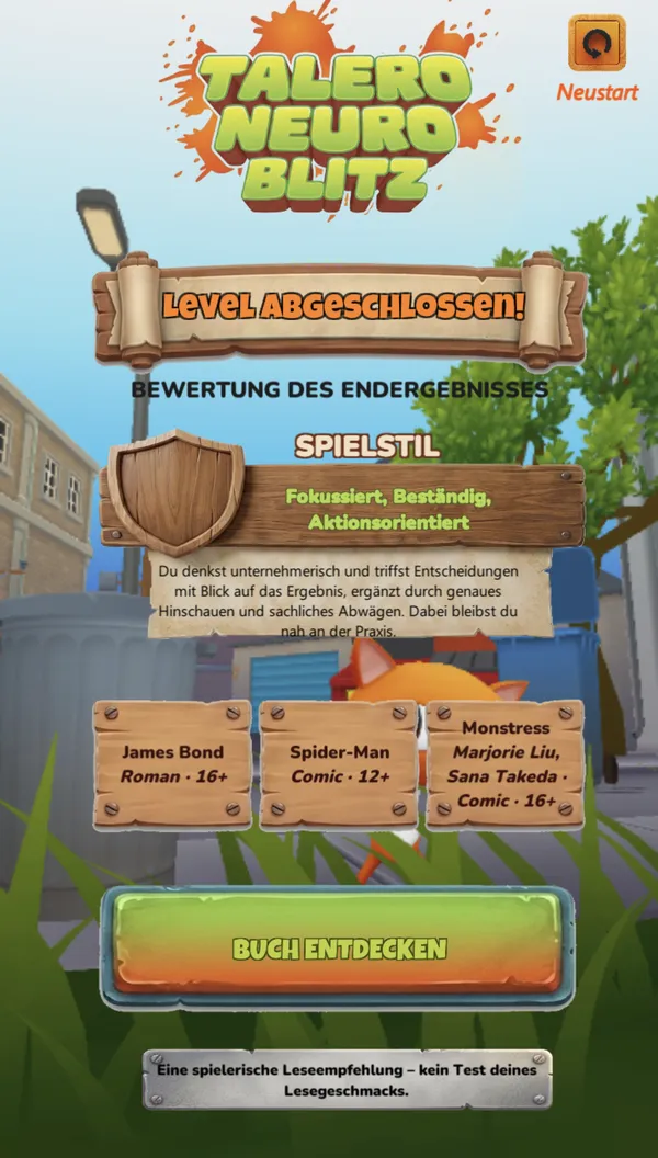 NeuroBlitz result screen on a phone: the play style “focused, steady, action-oriented”, a short description and three matching book recommendations