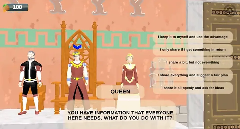Temple of the Wise: in the throne room, the queen asks what you do with information everyone needs, with five possible answers.
